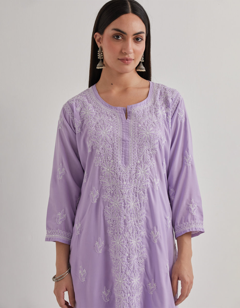 Purple chikankari cotton kurta with pants and dupatta- set of 3