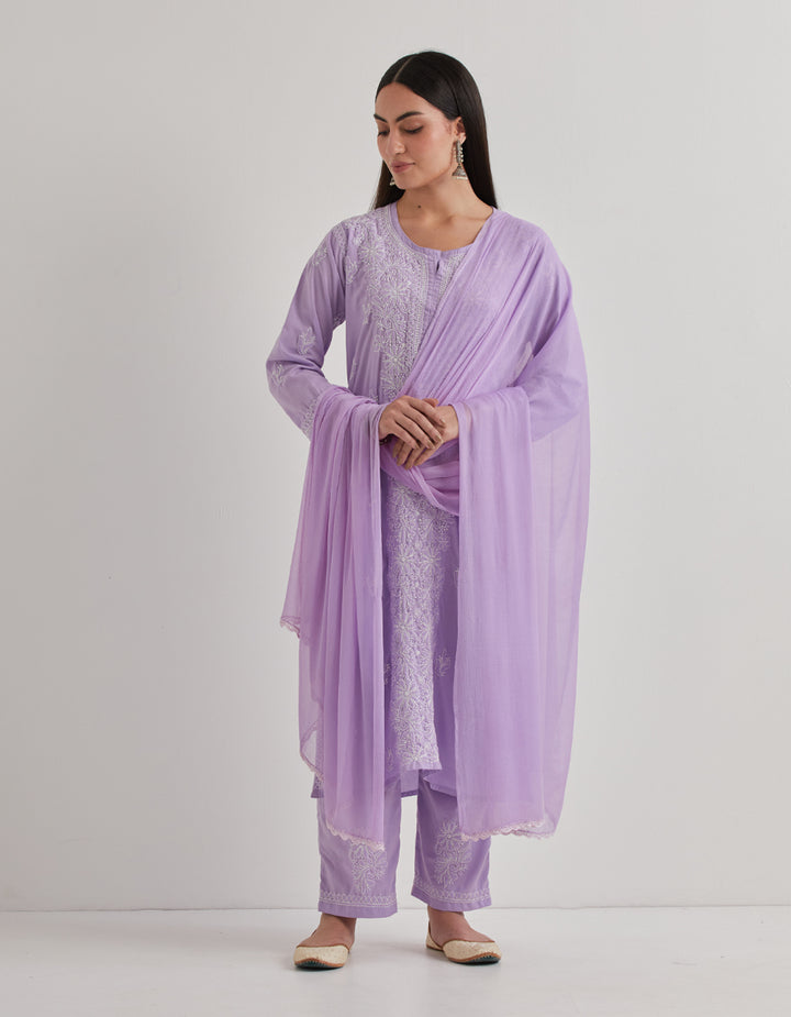 Purple chikankari cotton kurta with pants and dupatta- set of 3