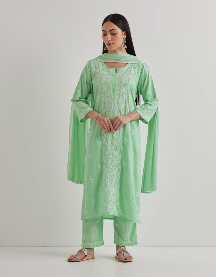 Green chikankari cotton kurta with pants and dupatta- set of 3