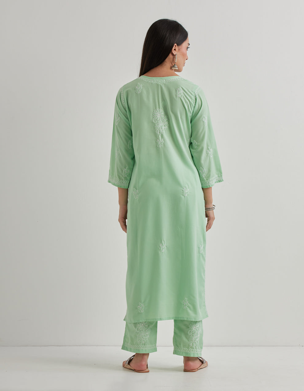 Green chikankari cotton kurta with pants and dupatta- set of 3