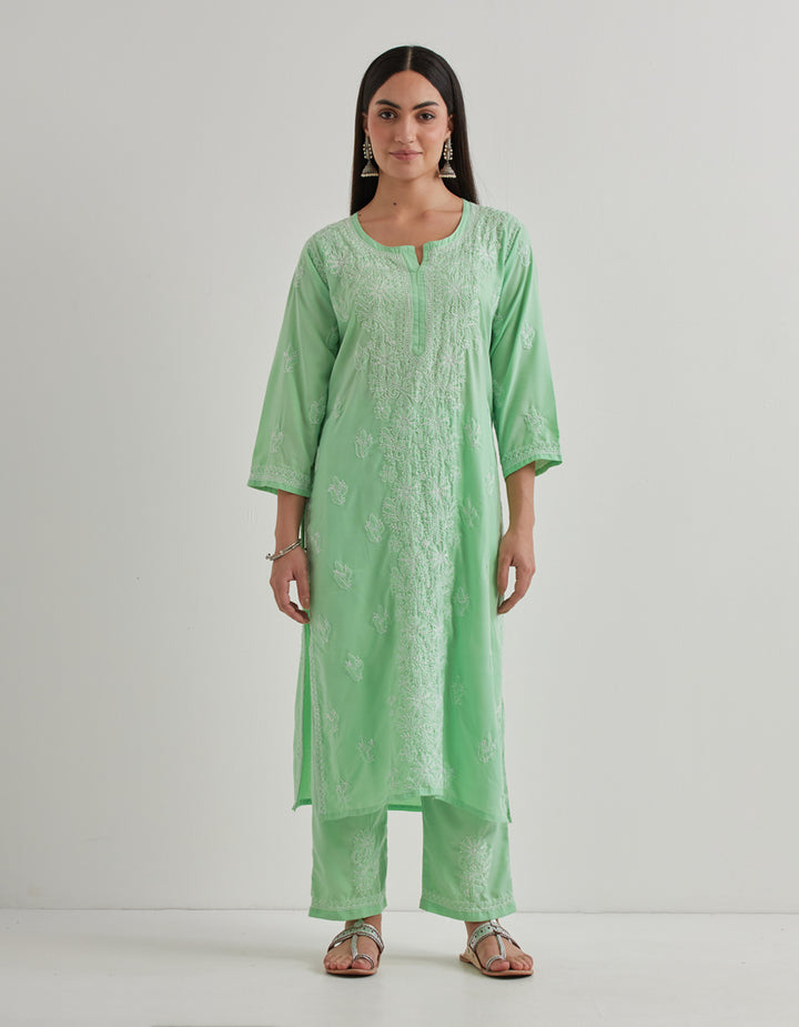 Green chikankari cotton kurta with pants and dupatta- set of 3