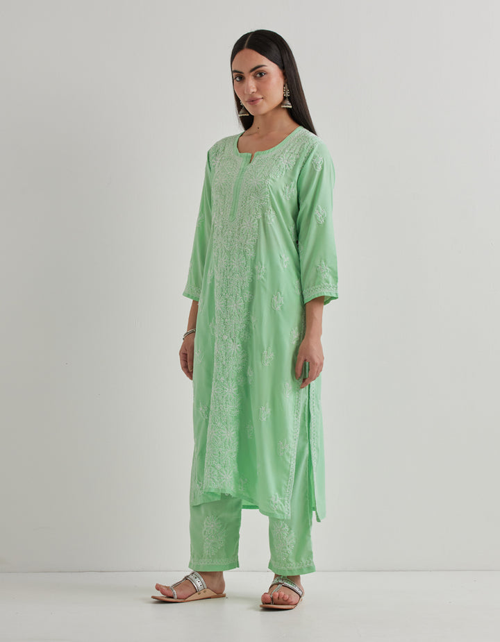 Green chikankari cotton kurta with pants and dupatta- set of 3