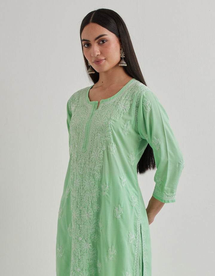 Green chikankari cotton kurta with pants and dupatta- set of 3