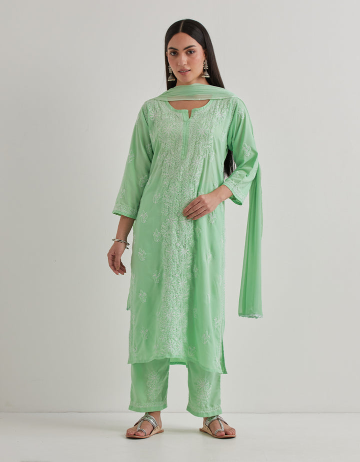 Green chikankari cotton kurta with pants and dupatta- set of 3