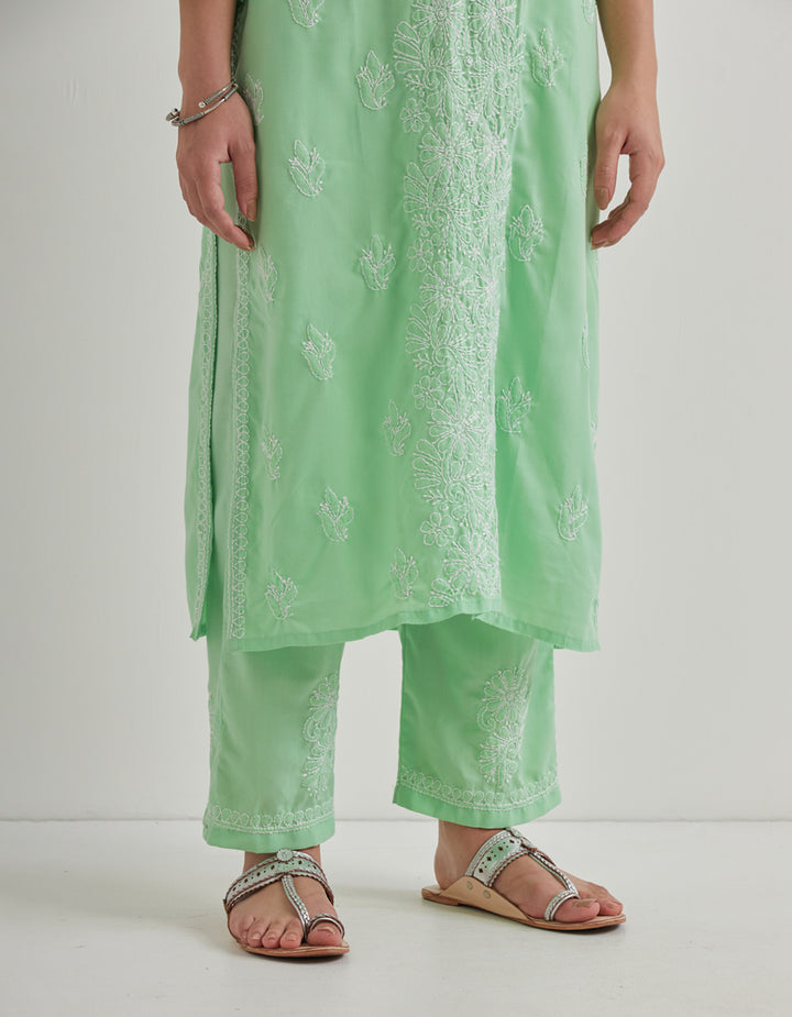 Green chikankari cotton kurta with pants and dupatta- set of 3