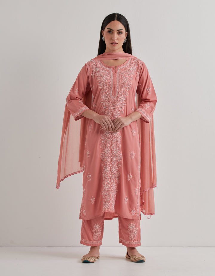 Pink chikankari cotton kurta with pants and dupatta - set of 3