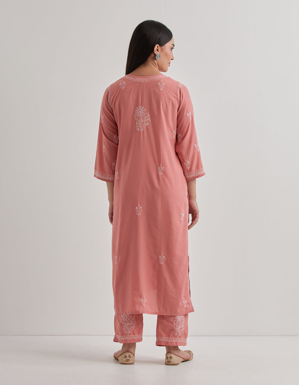 Pink chikankari cotton kurta with pants and dupatta - set of 3