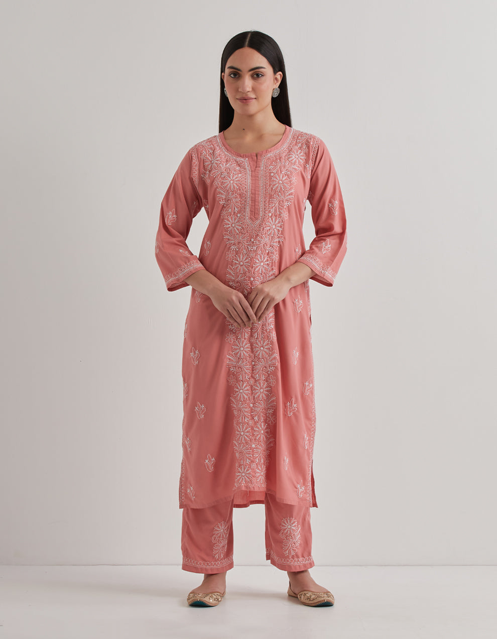 Pink chikankari cotton kurta with pants and dupatta - set of 3