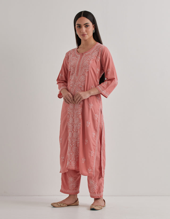 Pink chikankari cotton kurta with pants and dupatta - set of 3