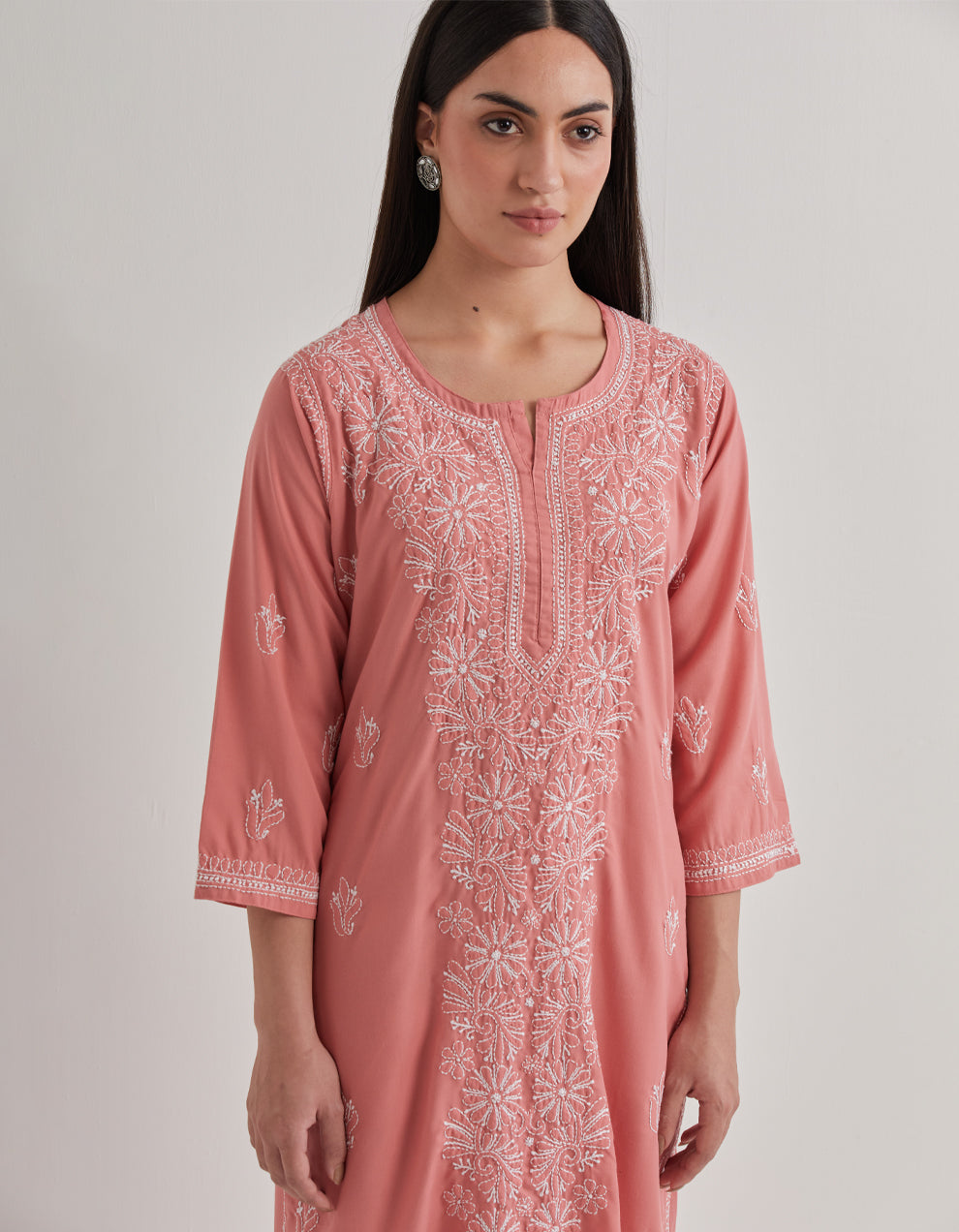 Pink chikankari cotton kurta with pants and dupatta - set of 3