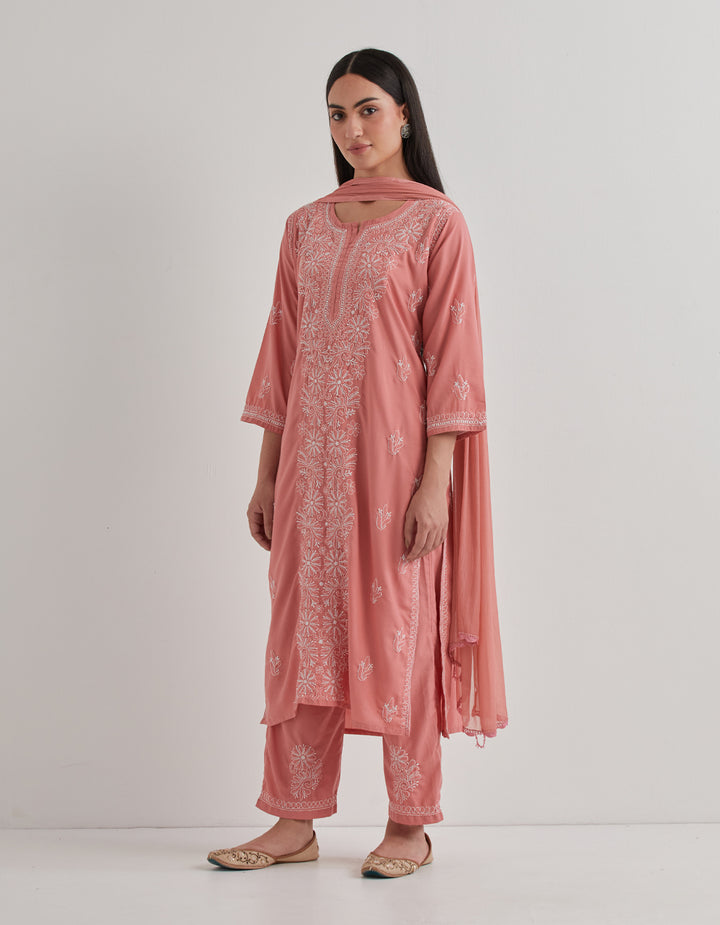 Pink chikankari cotton kurta with pants and dupatta - set of 3