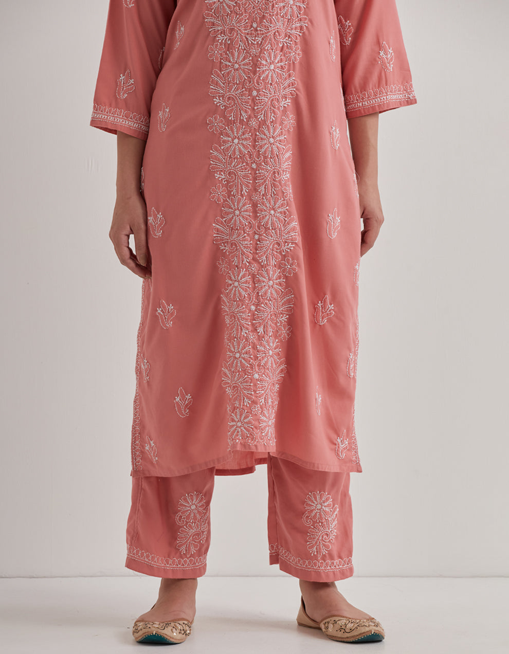 Pink chikankari cotton kurta with pants and dupatta - set of 3