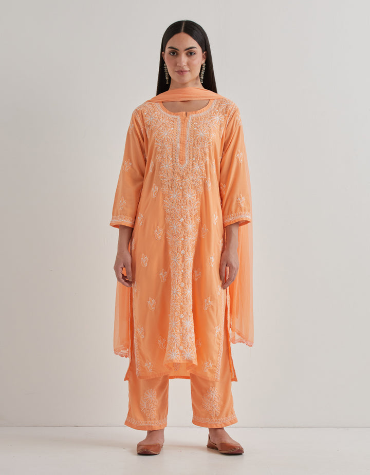 Peach chikankari cotton kurta with pants and dupatta - set of 3