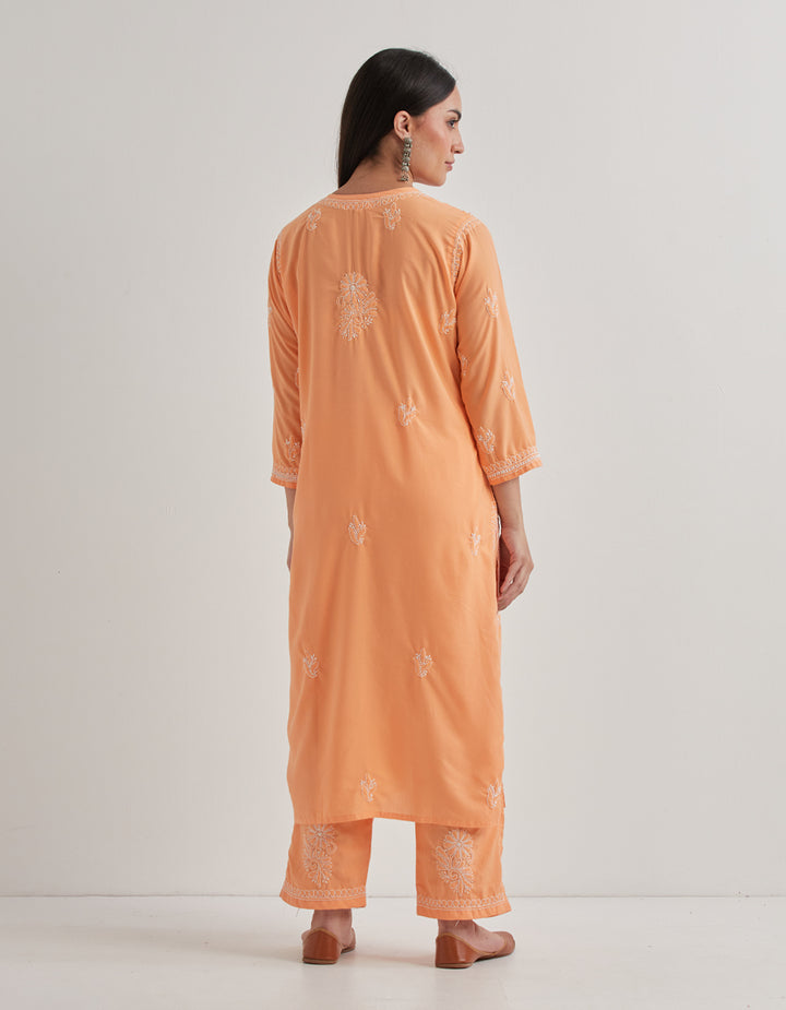 Peach chikankari cotton kurta with pants and dupatta - set of 3