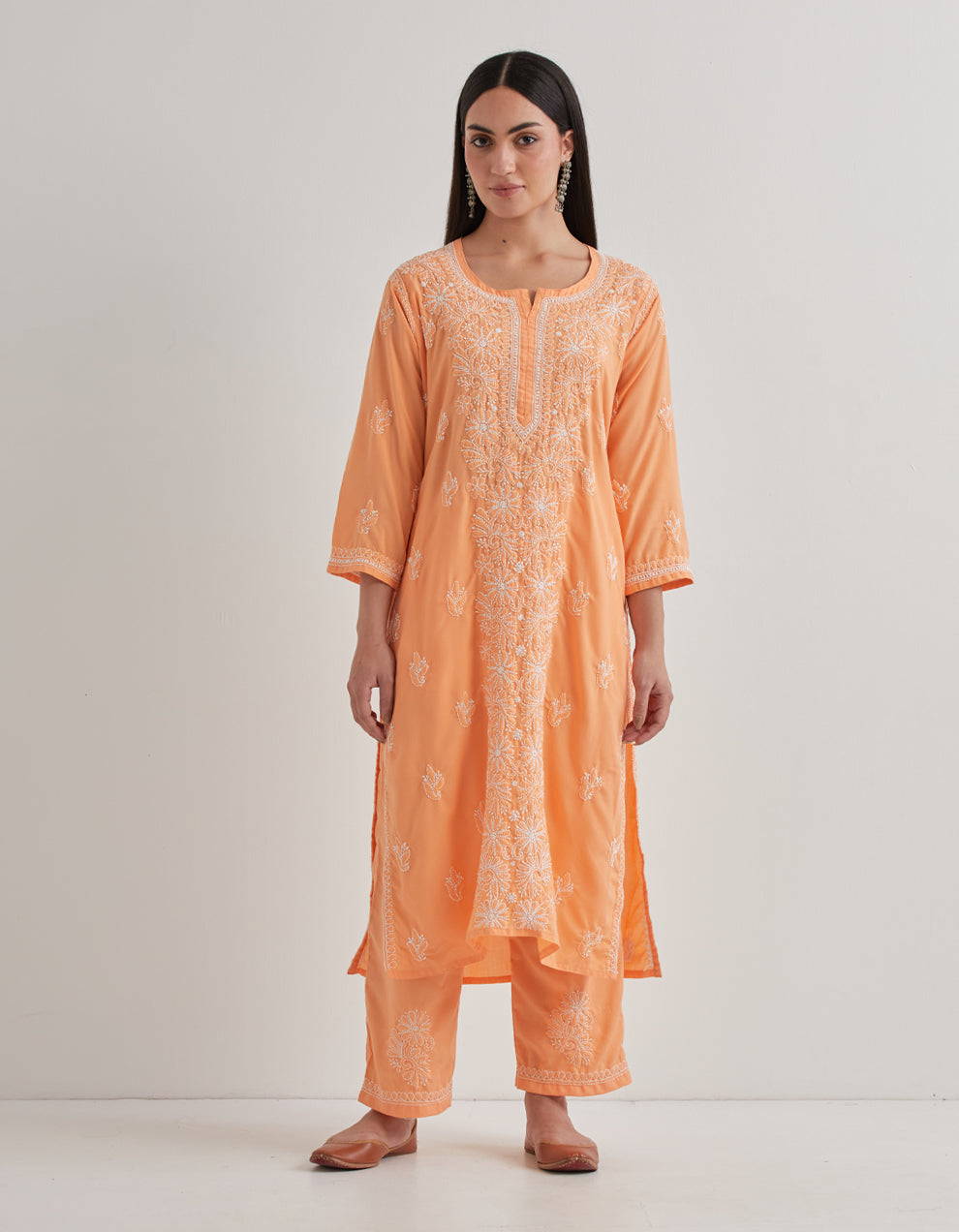 Peach chikankari cotton kurta with pants and dupatta - set of 3