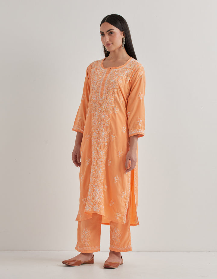 Peach chikankari cotton kurta with pants and dupatta - set of 3