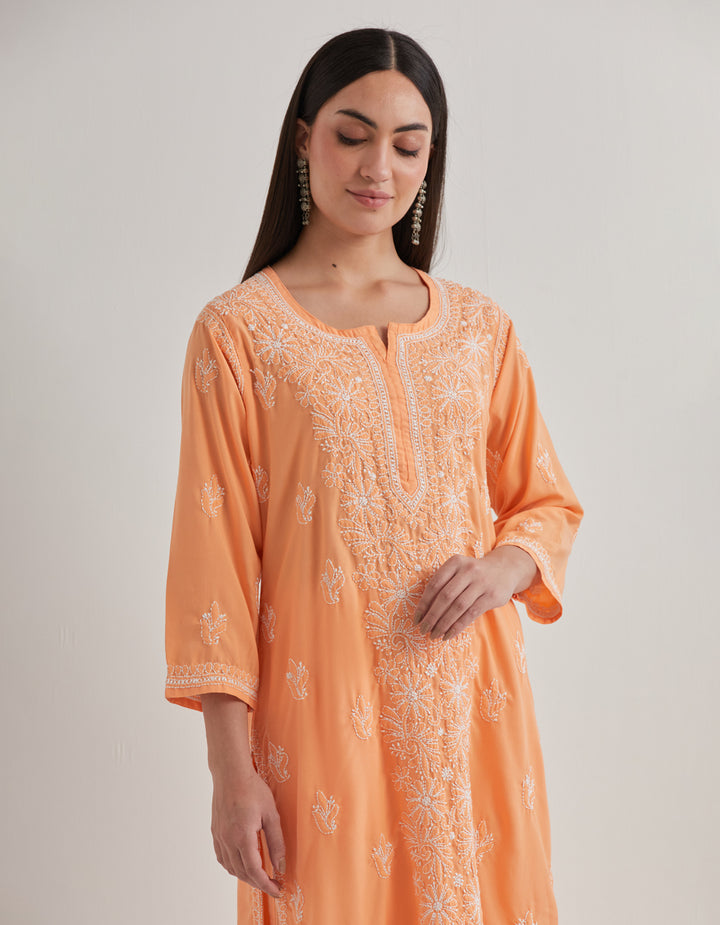 Peach chikankari cotton kurta with pants and dupatta - set of 3