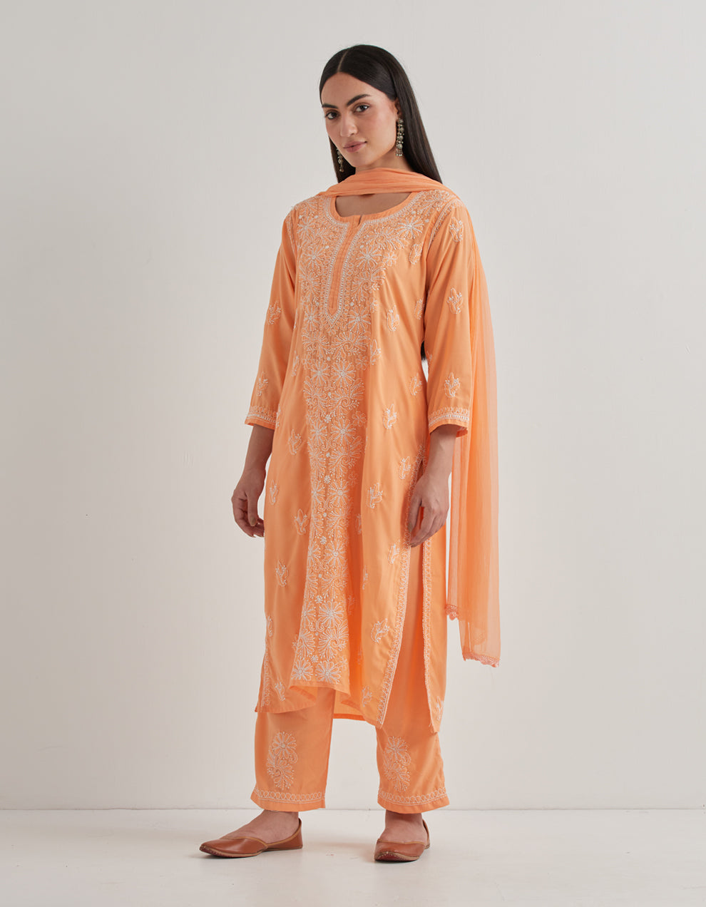 Peach chikankari cotton kurta with pants and dupatta - set of 3