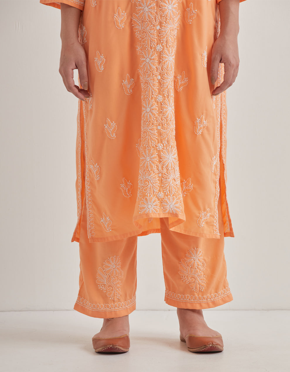 Peach chikankari cotton kurta with pants and dupatta - set of 3