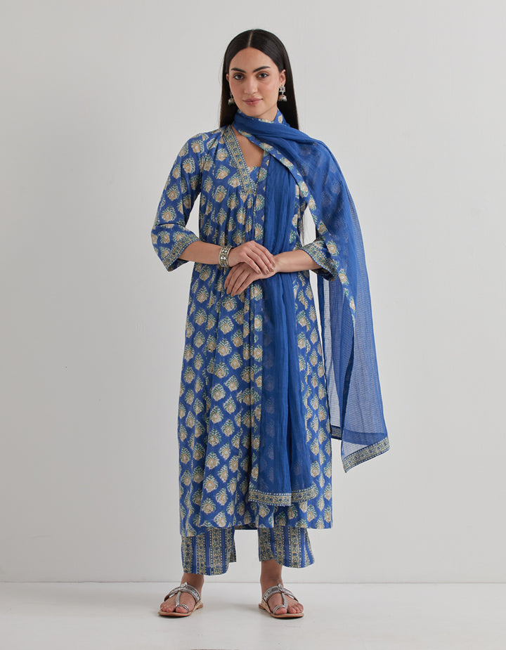 Blue cotton printed gathered kurta with pants and dupatta - Set of 3