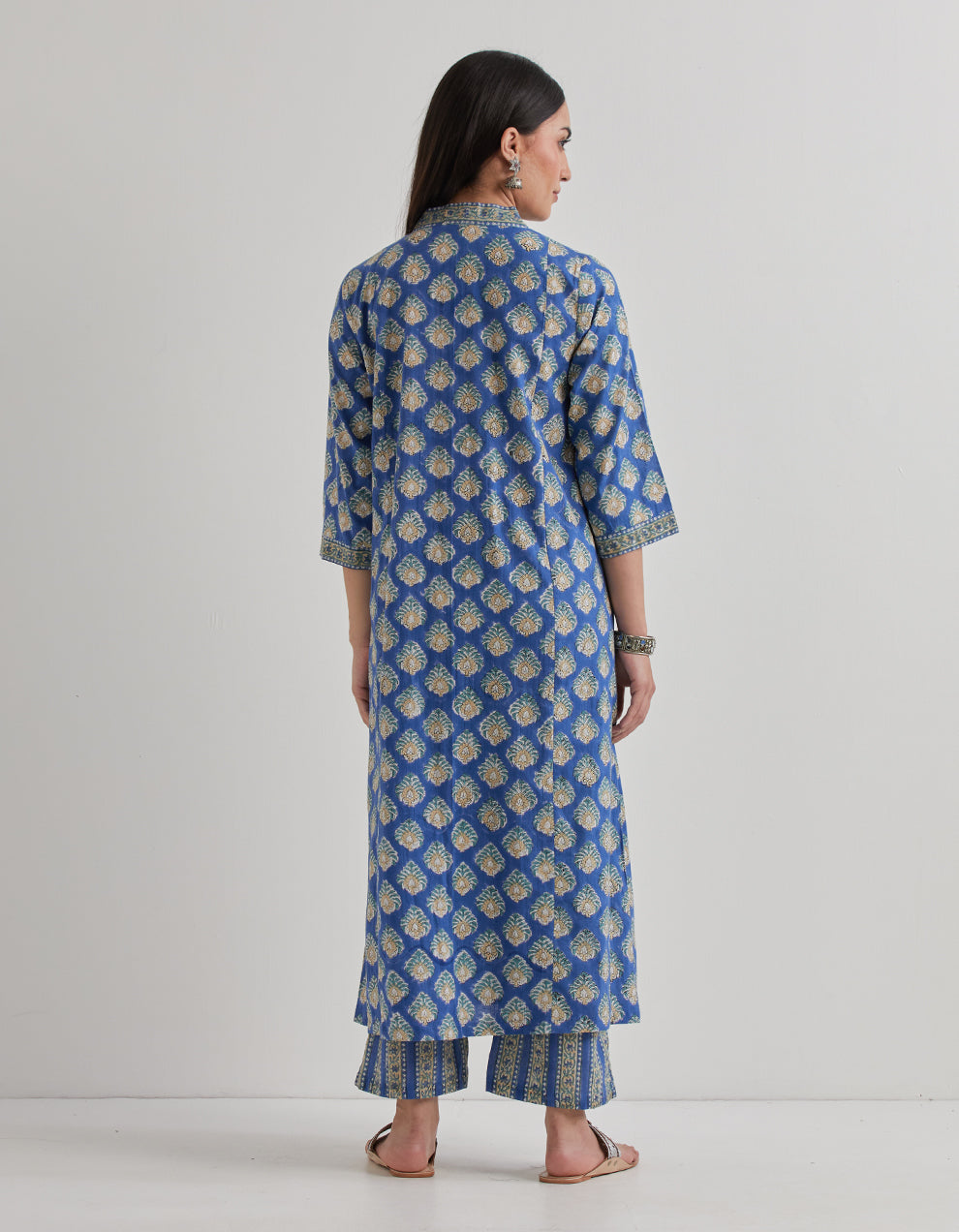 Blue cotton  printed gathered kurta with pants - Set of 2