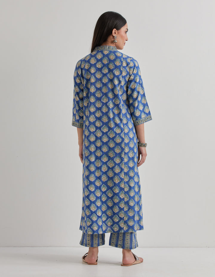 Blue cotton printed gathered kurta with pants and dupatta - Set of 3