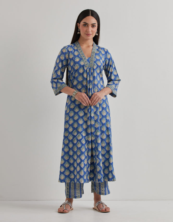 Blue cotton printed gathered kurta