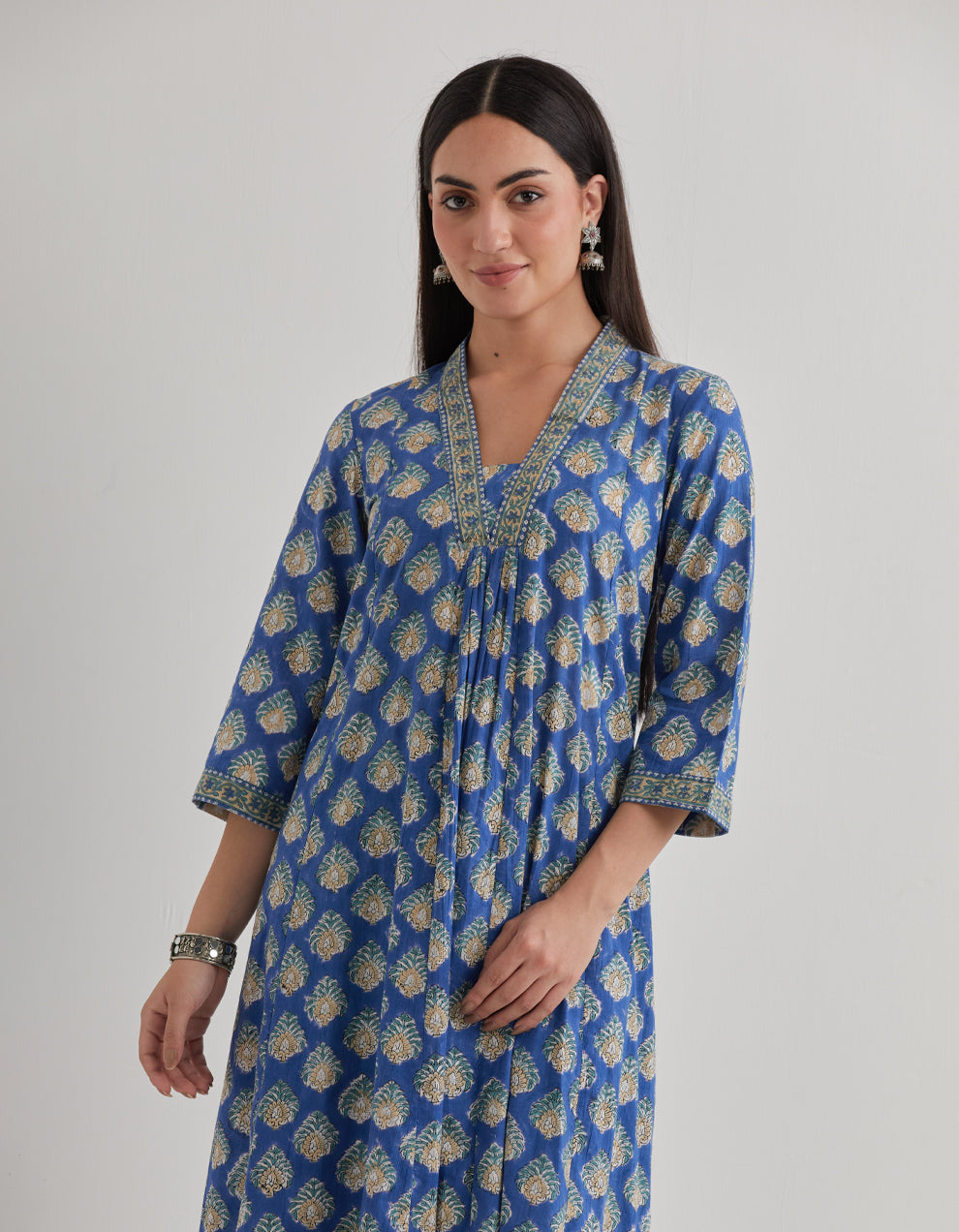 Blue cotton printed gathered kurta with pants and dupatta - Set of 3