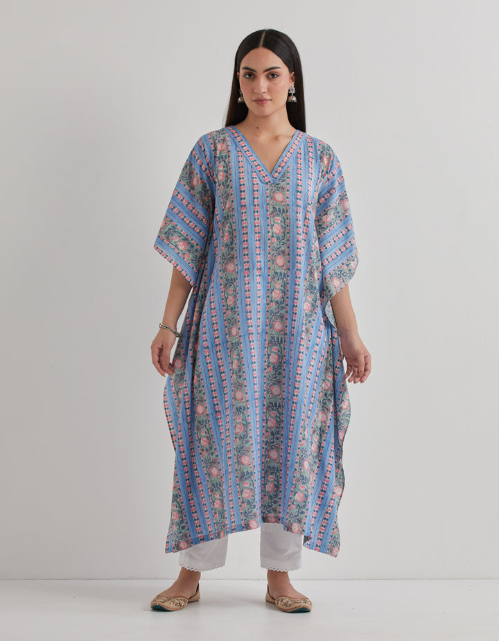 Blue cotton printed kaftan with pants - Set of 2