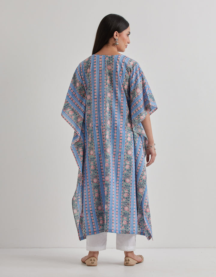 Blue cotton printed kaftan with pants - Set of 2