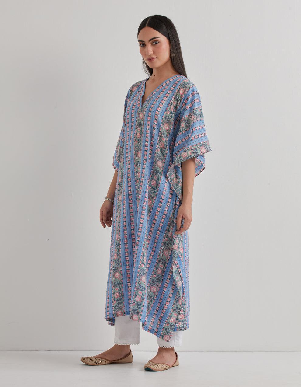 Blue cotton printed kaftan with pants - Set of 2