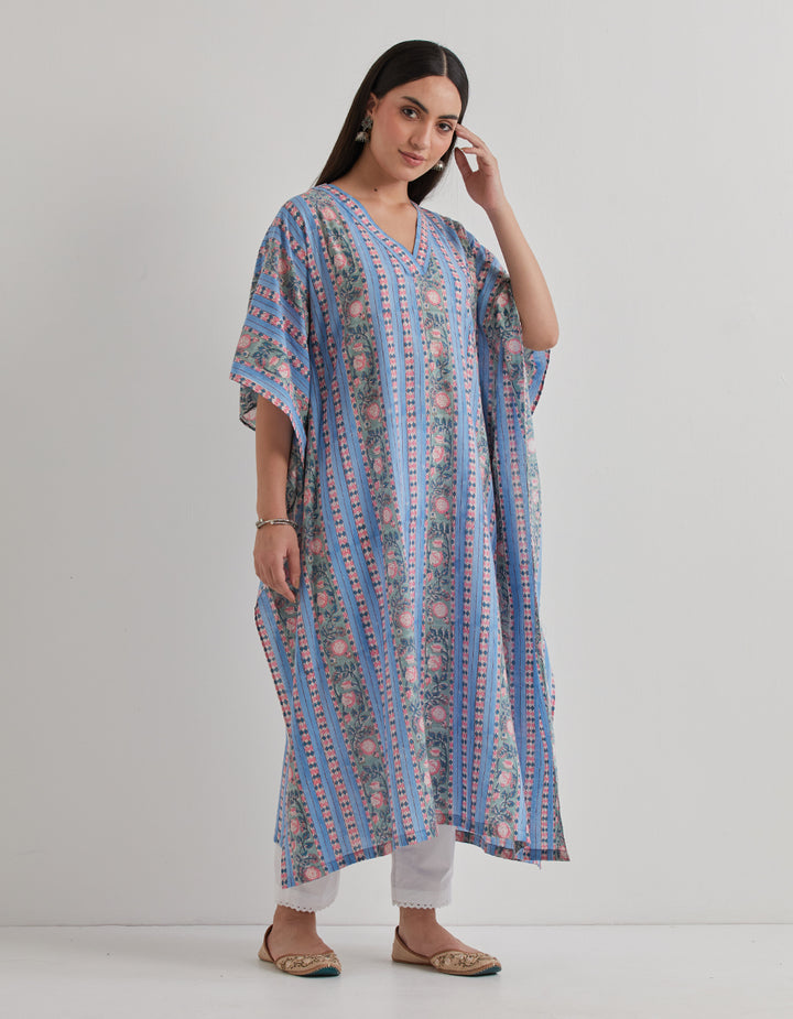 Blue cotton printed kaftan with pants - Set of 2