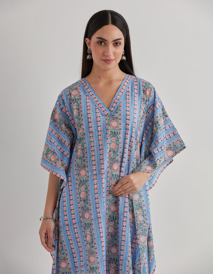 Blue cotton printed kaftan with pants - Set of 2