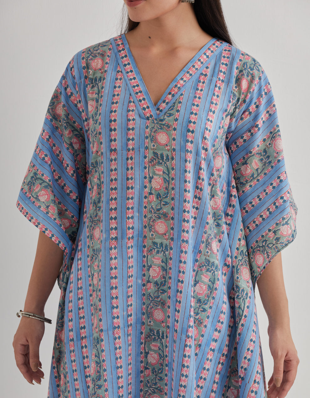 Blue cotton printed kaftan with pants - Set of 2