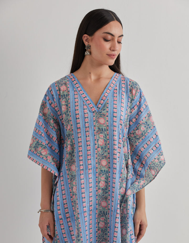 Blue cotton printed kaftan with pants - Set of 2