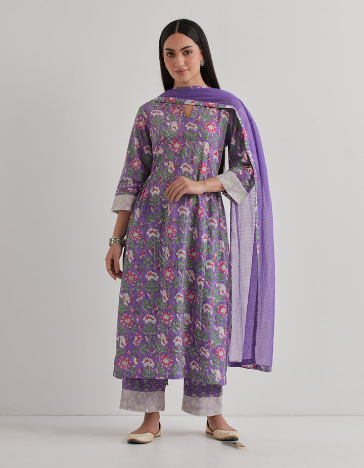 Purple cotton printed kurta with salwar and dupatta - Set of 3