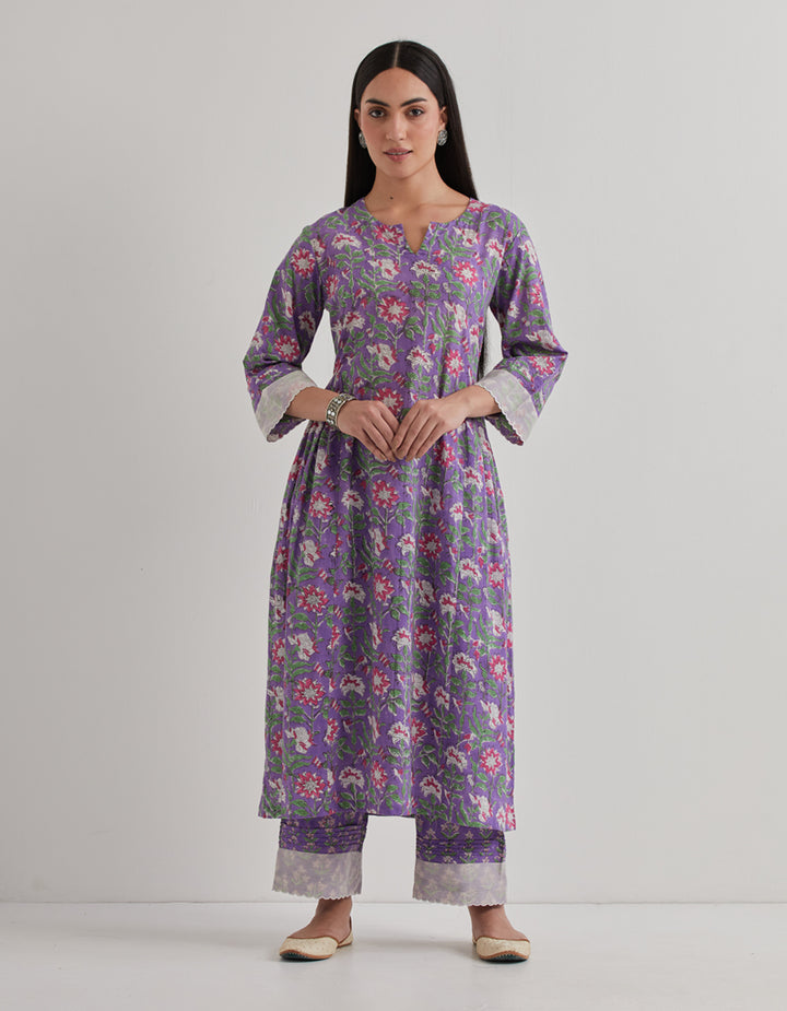 Purple cotton printed kurta with salwar and dupatta - Set of 3