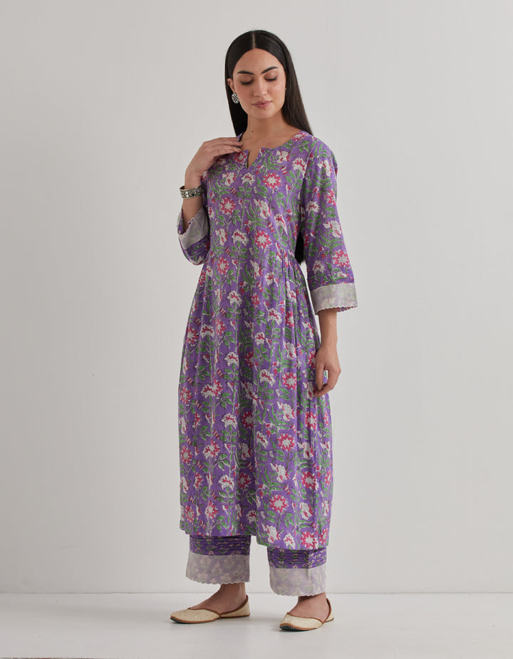 Purple cotton printed kurta with salwar - Set of 2