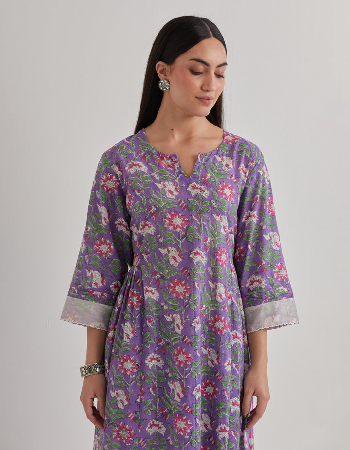 Purple cotton printed kurta with salwar - Set of 2