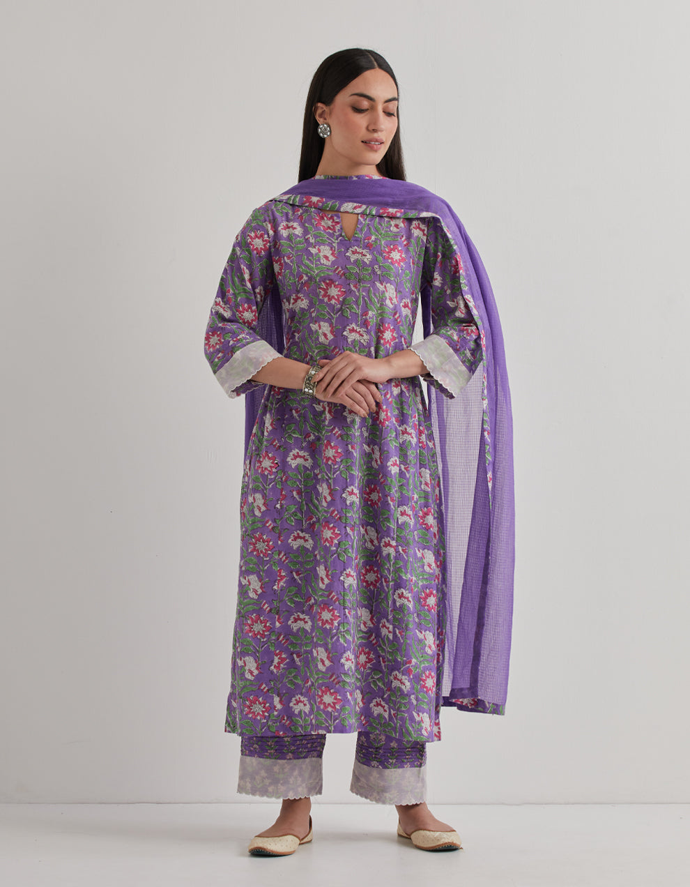 Purple cotton printed kurta with salwar and dupatta - Set of 3