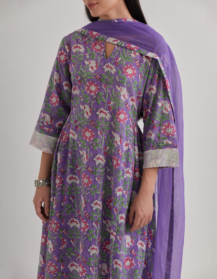 Purple cotton printed kurta with salwar and dupatta - Set of 3