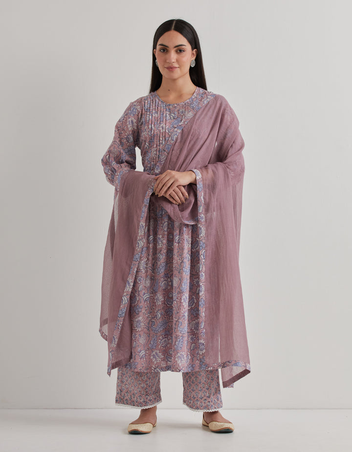 Grey cotton printed pintuk kurta with pants and dupatta - Set of 3