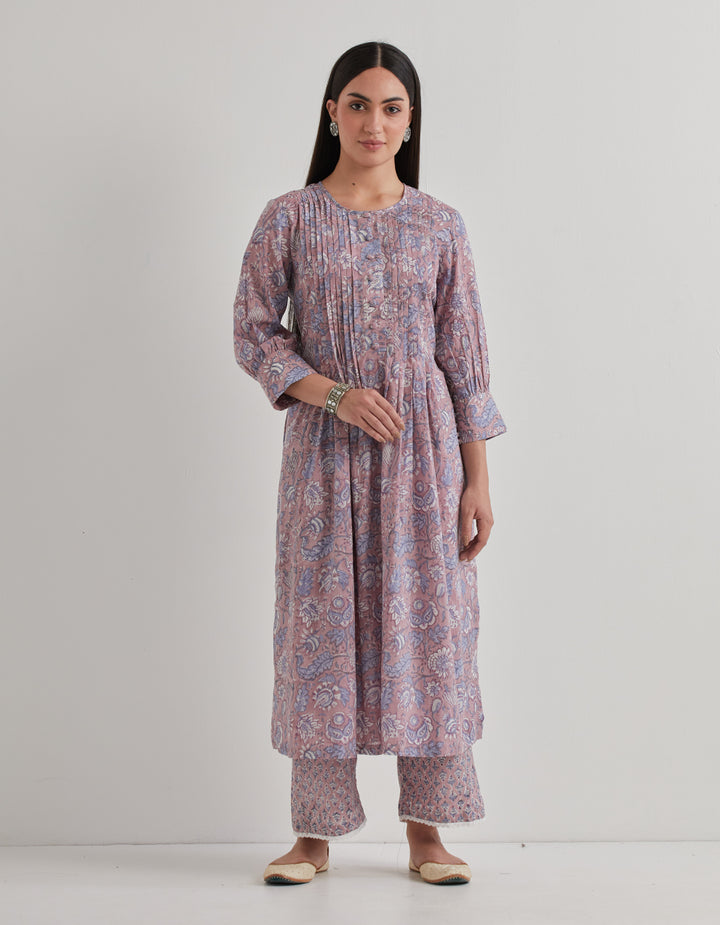 Grey cotton printed  pintuk kurta