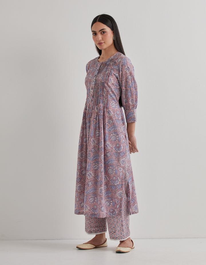 Grey cotton printed  pintuk kurta