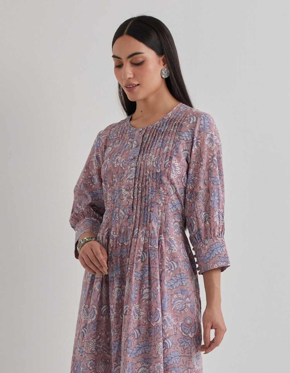 Grey cotton printed  pintuk kurta