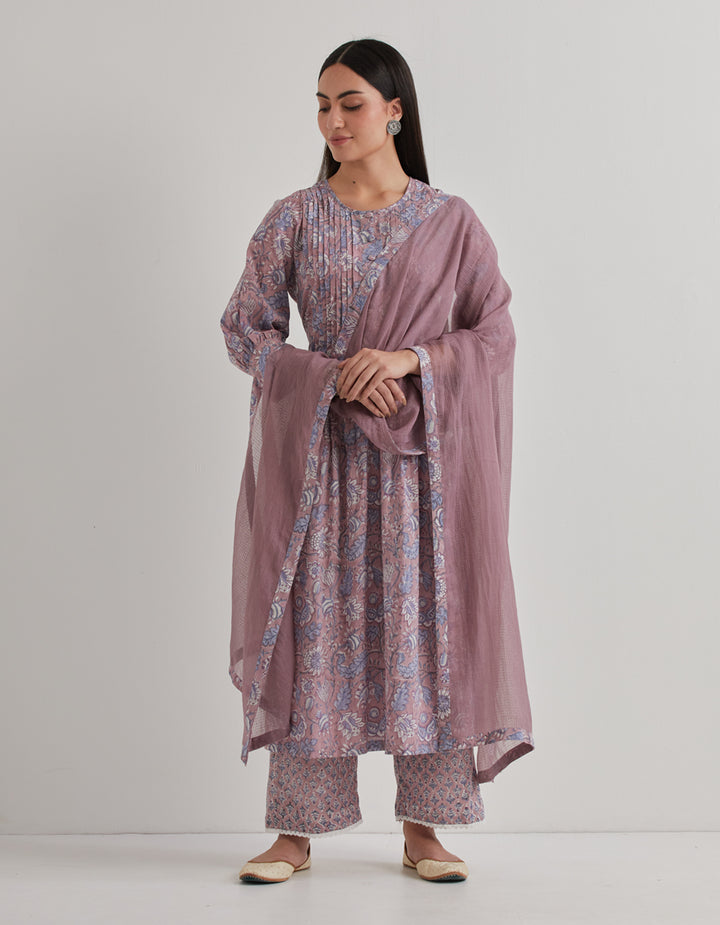 Grey cotton printed pintuk kurta with pants and dupatta - Set of 3