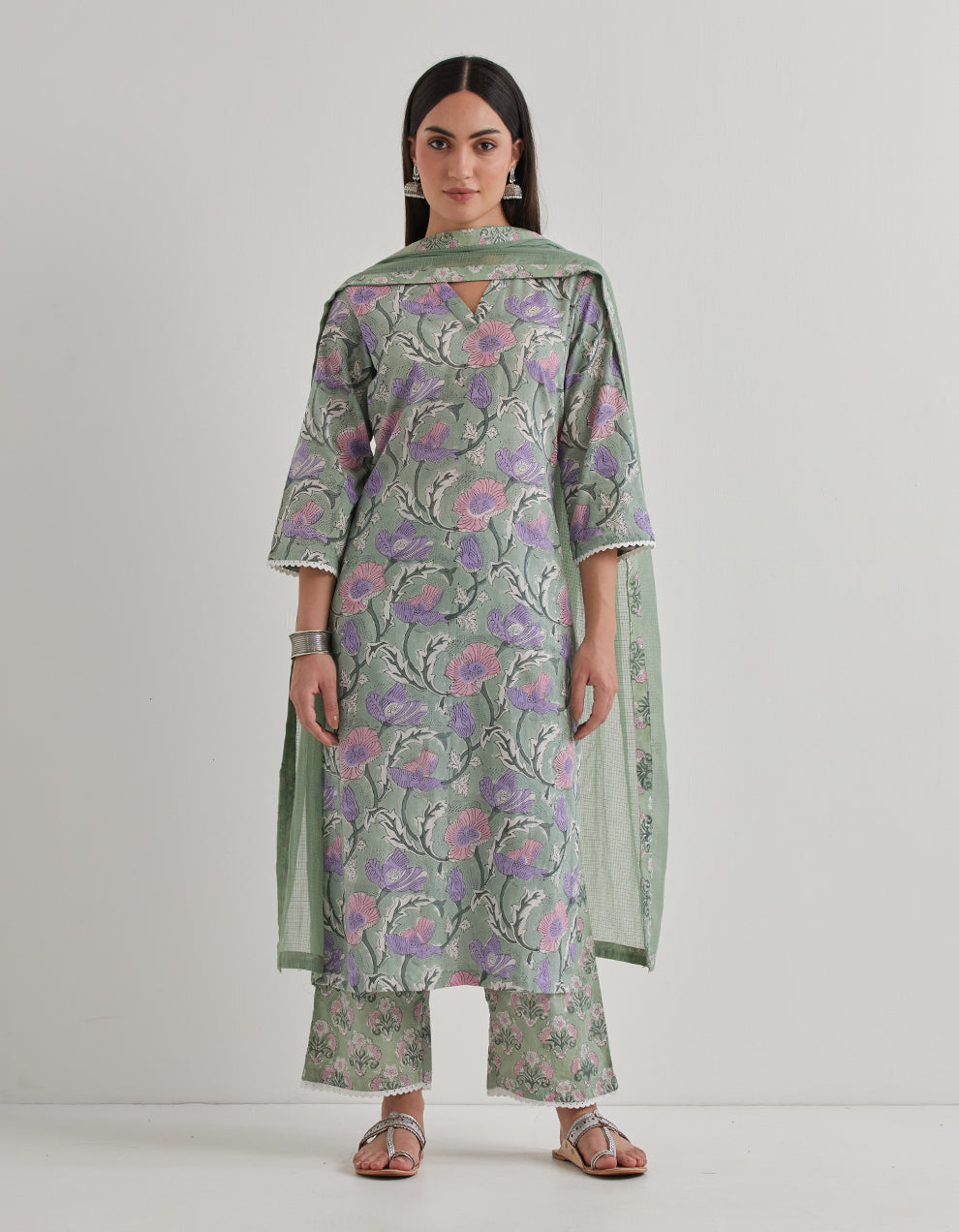 Green cotton printed kurta with pants and dupatta - Set of 3