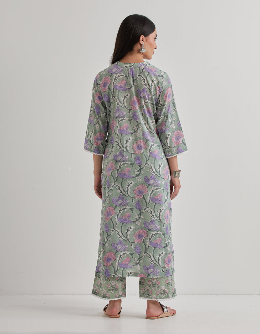 Green cotton printed kurta with pants and dupatta - Set of 3