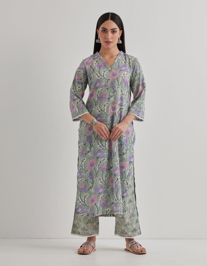 Green cotton printed kurta with pants - Set of 2