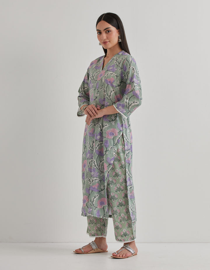 Green cotton printed kurta